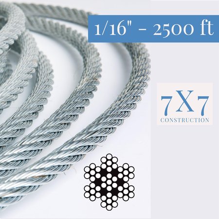 Laureola Industries 1/16" Stainless Steel Aircraft Cable Wire Rope, 7X7 Type, Grade 304, 2500 Ft ZAG116SS304-2500